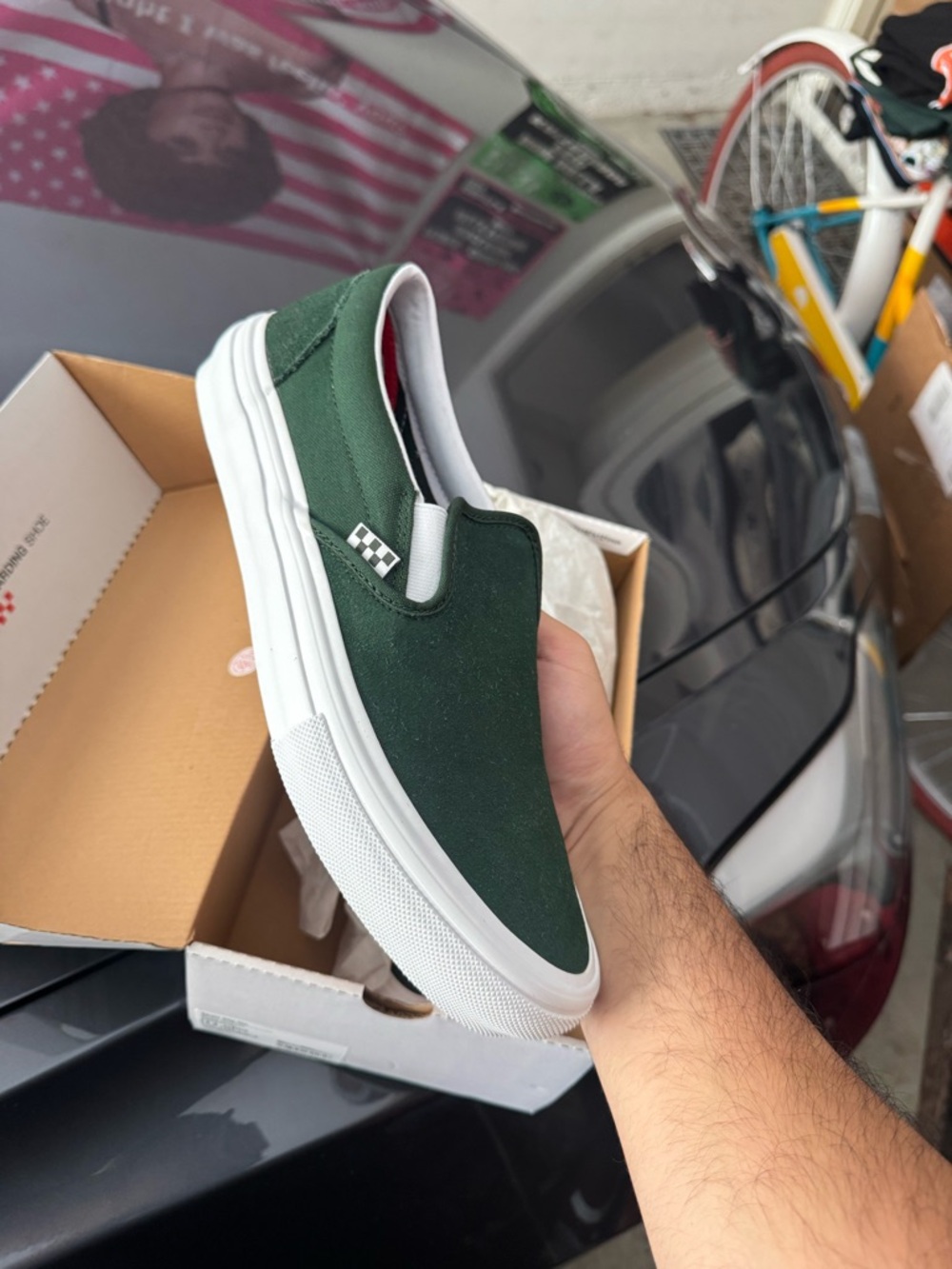 Vans Slip-On Canvas Loafers in Dark Green and White